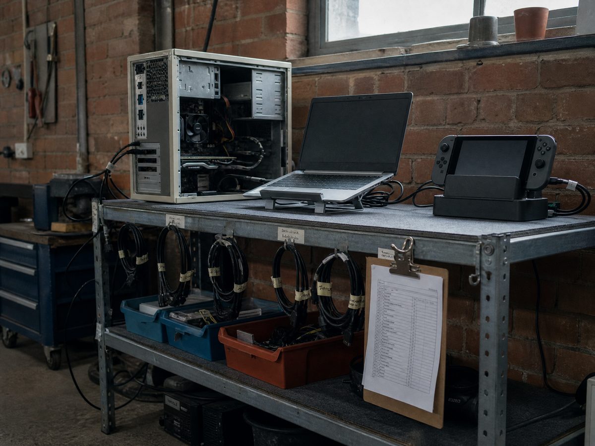 Testing bench holding a desktop tower with the side panel removed, a laptop on a stand and a docked handheld console