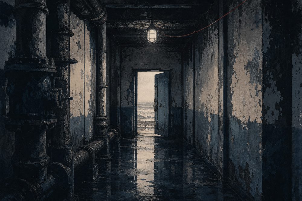 Illustrated flooded corridor in an abandoned coastal pumping station
