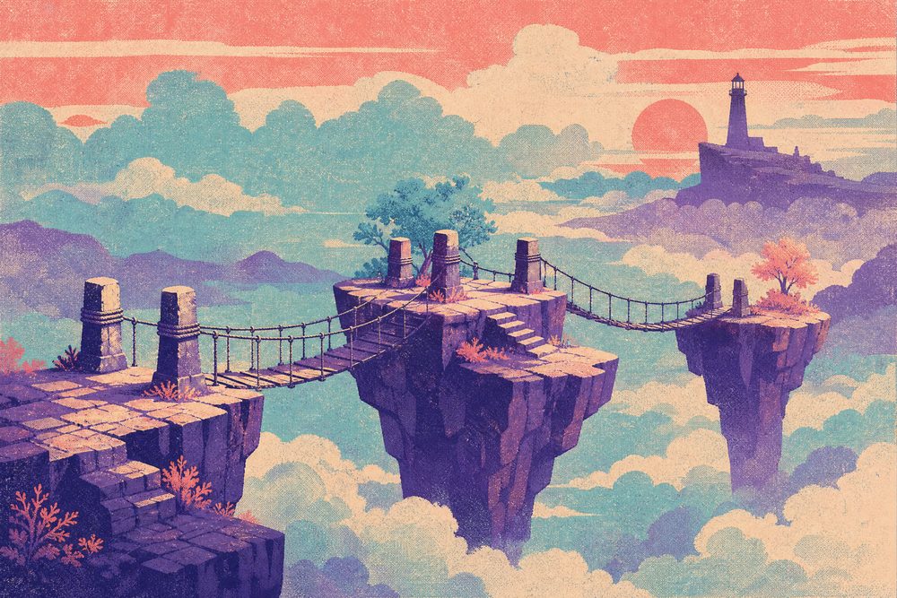 Illustrated floating stone platforms linked by rope bridges above cloud