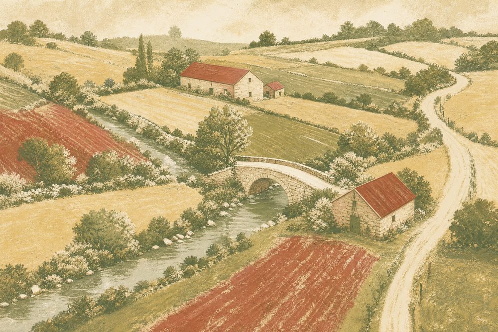 Illustrated aerial view of a small farming valley with a stone bridge