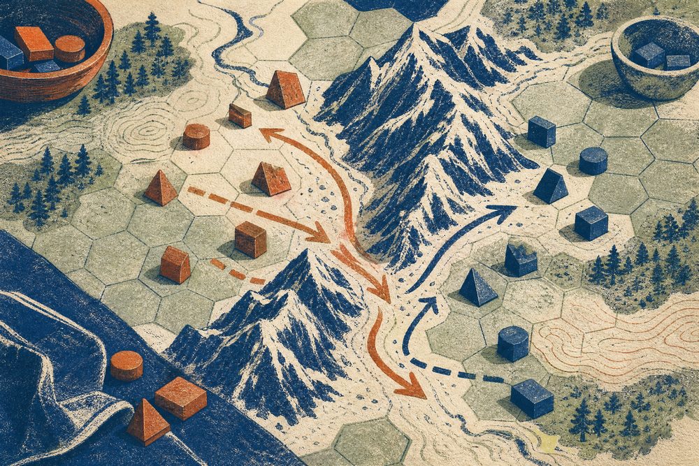 Illustrated hex-tile war table with supply arrows across a mountain pass